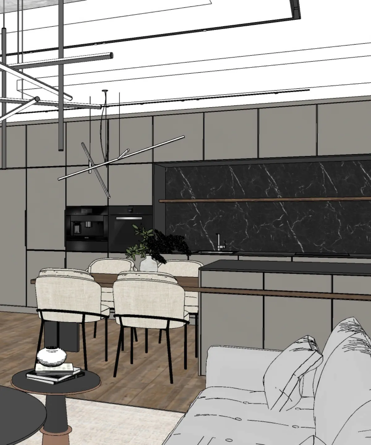3D model ilustruje dobré řešení dispozice v malém bytě.