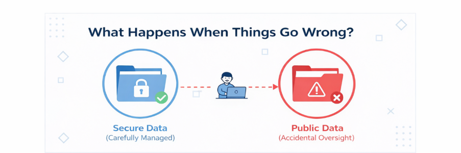 Infographic comparing secure AWS data management versus accidental public data exposure caused by cloud configuration mistakes and weak access controls.