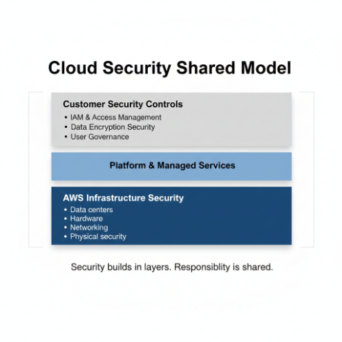 Cloud security shared model infographic showing layered AWS infrastructure security, platform services, and customer security controls including IAM, data encryption, and user governance.