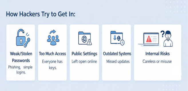 common AWS cloud security risks including weak passwords, excessive access permissions, public configuration errors, outdated systems, and internal threats.