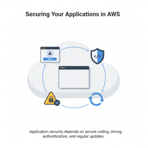 AWS application security infographic showing secure login with MFA, secure coding practices, vulnerability protection, and regular updates in cloud environments