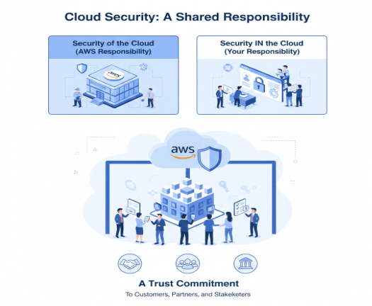 Cloud security shared responsibility infographic showing AWS securing cloud infrastructure while customers manage security in the cloud including data, applications, and access controls.