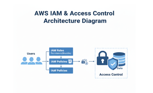 AWS IAM and access control architecture diagram showing users assigned IAM roles and policies to securely manage cloud data and permissions.