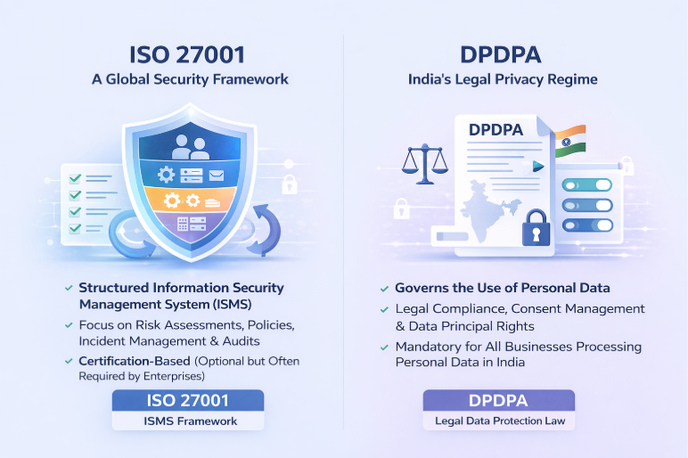 Comparison of ISO 27001 certification and DPDPA compliance in India outlining ISMS controls, audits, consent management, and personal data protection law requirements.