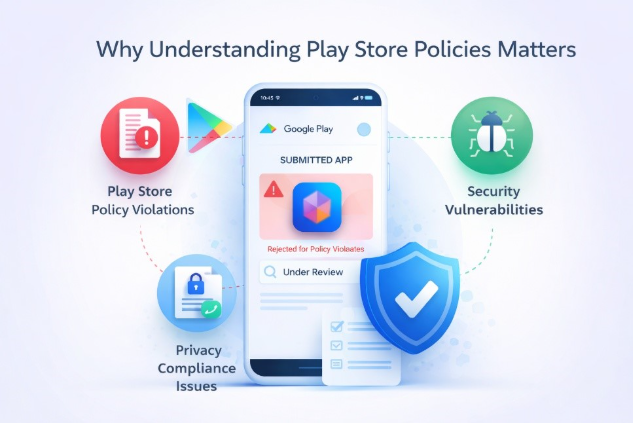 Illustration showing reasons why Google Play Store rejects apps, including policy violations, privacy compliance issues, and mobile app security vulnerabilities during the Play Store review process