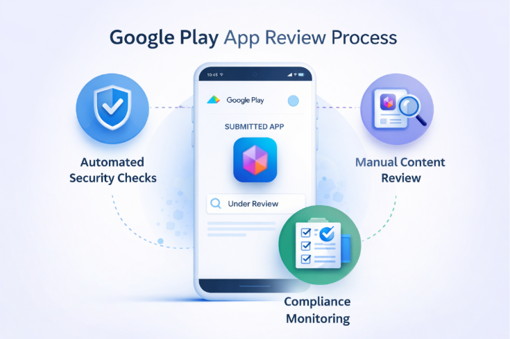 Illustration showing the Google Play App Review Process with automated security checks, manual content review, and compliance monitoring before app approval on the Play Store.