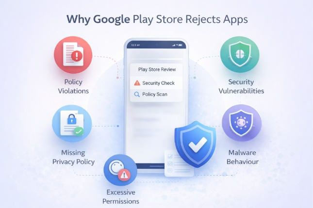 Infographic showing common reasons Google Play Store rejects Android apps including policy violations, missing privacy policy, excessive permissions, malware behaviour, and mobile app security vulnerabilities.