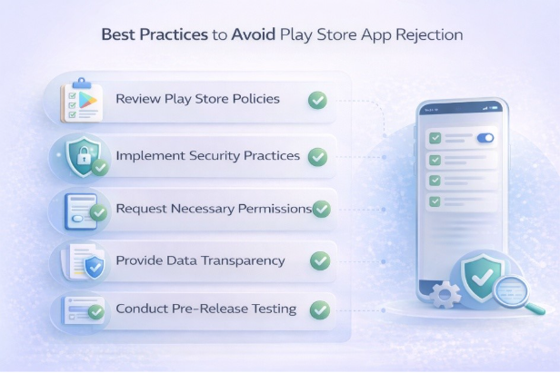 Visual guide illustrating best practices for preventing Google Play Store app rejection such as security testing, policy compliance, proper permissions, and transparent data practices.