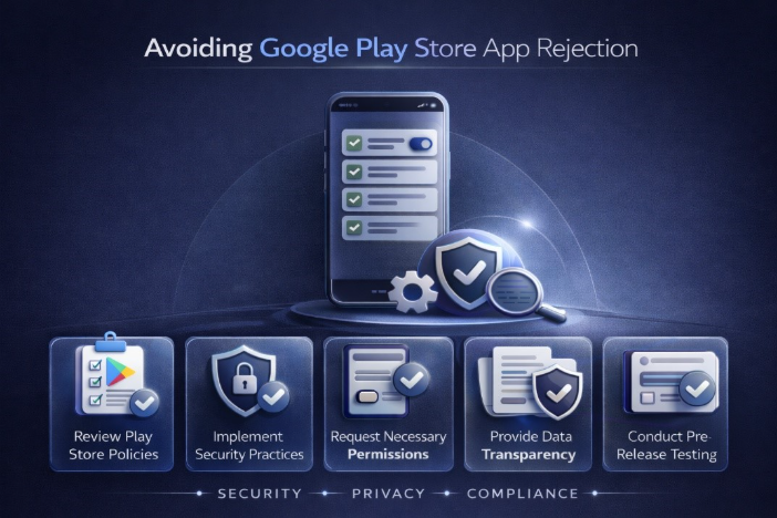  infographic explaining best practices to prevent Google Play Store app rejection including Android app security, Play Store policy review, permission management, data transparency, and testing before submission.