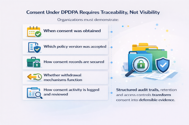 showing DPDPA consent management requirements with ISO 27001 controls, highlighting consent traceability, audit trails, logging, policy version tracking, access governance, and defensible compliance evidence.