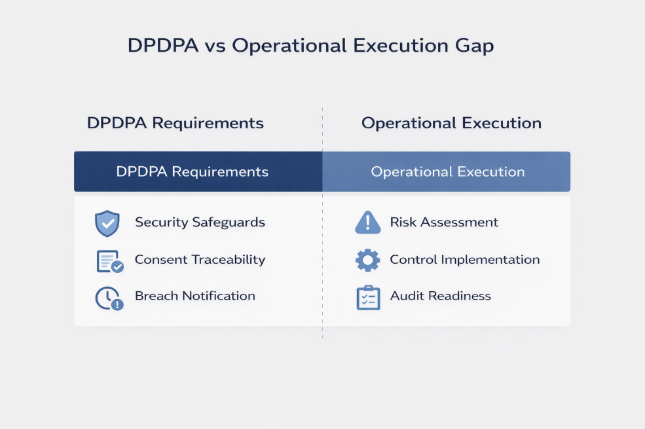 Visual comparison of DPDPA compliance framework and operational execution gap in India, showing data protection safeguards, consent management, risk assessment processes, control implementation, and audit readiness for ISO 27001 alignment.