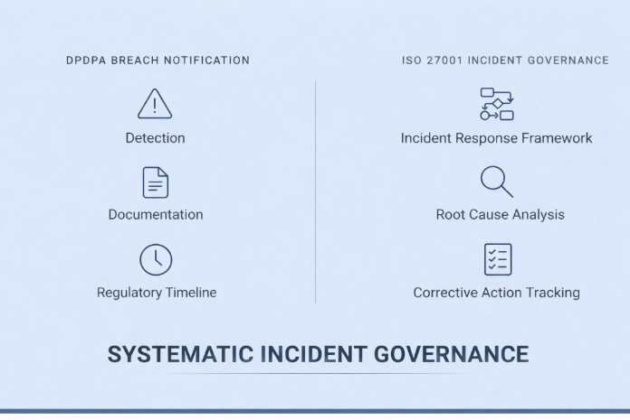 Systematic incident governance model showing DPDPA breach notification steps including detection, documentation, and regulatory timeline alongside ISO 27001 incident response framework, root cause analysis, and corrective action tracking.