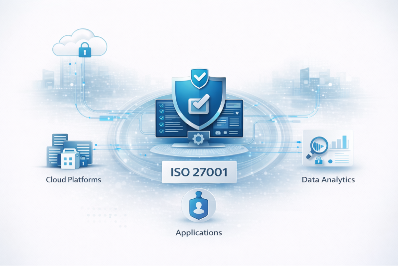 Cybersecurity illustration showing DPDPA consent governance with ISO 27001 framework, where a central consent shield connects cloud platforms, enterprise applications, and data analytics systems to ensure traceable personal data protection.