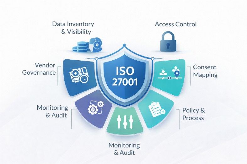ISO 27001 data governance framework infographic showing key components such as data inventory visibility, access control, vendor governance, monitoring and audit, policy and process management for managing personal data and consent compliance