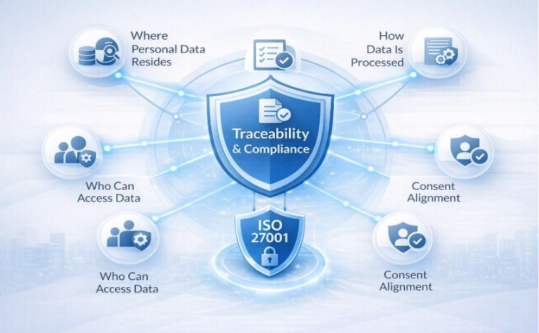 Data traceability and compliance illustration showing how organizations track where personal data resides, how it is processed, who can access it, and how access aligns with user consent under ISO 27001 governance and DPDPA compliance.