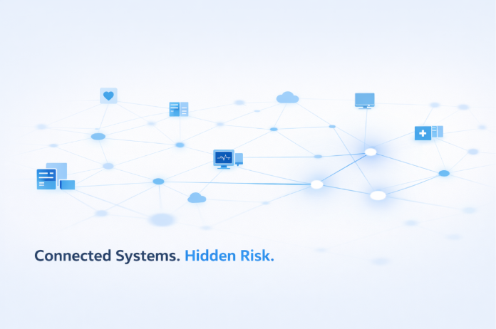 Interconnected healthcare IT systems with cloud, devices, and data flow illustrating hidden cybersecurity risks and expanding attack surface