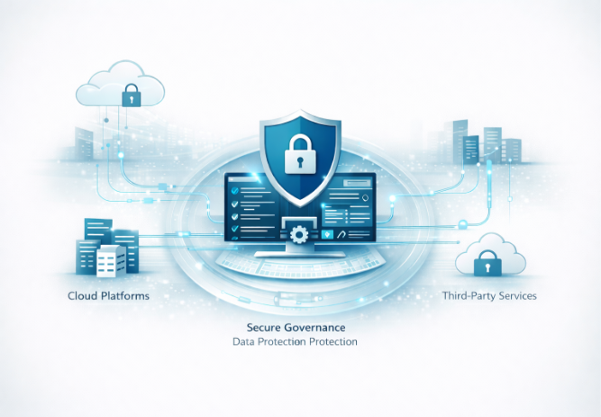 illustration showing enterprise data governance and personal data protection under DPDPA and ISO 27001, with secure data flows connecting cloud platforms, enterprise systems, and third-party services.