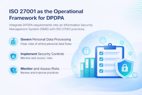 “ISO 27001 operational framework for DPDPA compliance showing governance of personal data, security controls implementation, and continuous risk monitoring in an ISMS.”