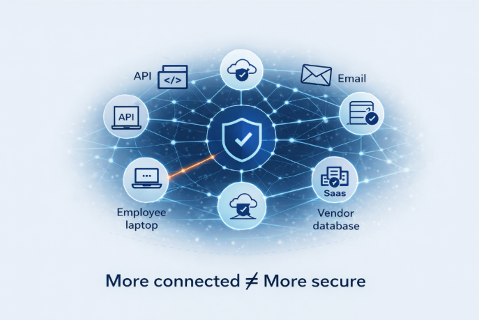 Penetration testing infographic illustrating interconnected APIs, SaaS, and cloud systems, highlighting hidden attack paths, security exposure, and expanding attack surface risk.