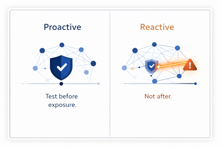 “Cybersecurity infographic comparing proactive vs reactive penetration testing, showing early validation versus delayed response leading to increased attack surface and security exposure.”
