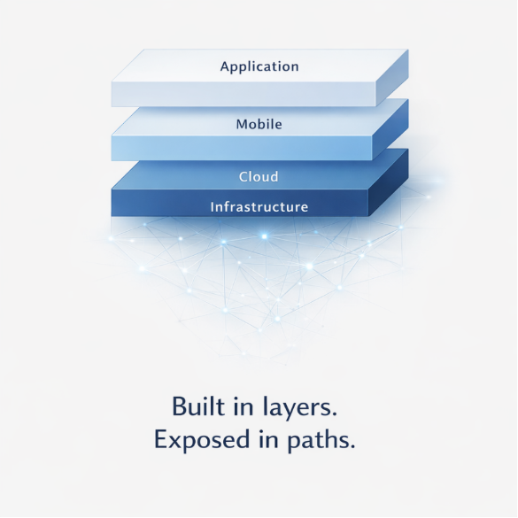 Layered cybersecurity architecture showing application, mobile, cloud, and infrastructure with hidden interconnected attack paths and security risks