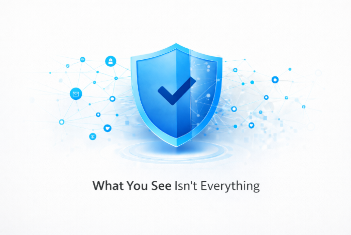 Minimal cybersecurity illustration showing a bright blue shield with visible network connections behind it, representing the gap between perceived security and actual system exposure