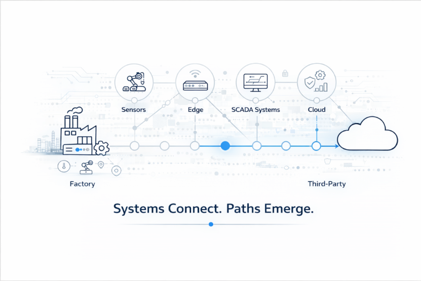 Industrial cybersecurity ecosystem showing sensors, SCADA, edge devices, and cloud systems connected through pathways illustrating cyber attack paths across modern industrial infrastructure