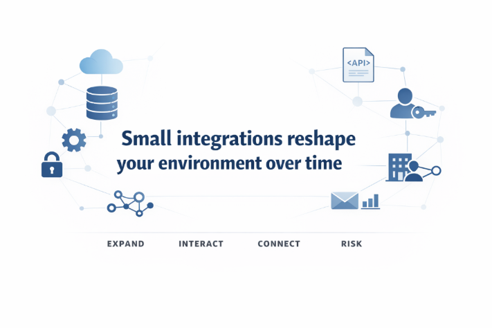 Multi-tenant SaaS architecture showing how integrations, APIs, and trust relationships increase cybersecurity risk over time