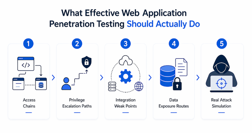 Web application penetration testing infographic showing API security, authentication tokens, and interconnected systems identifying real cyber risks