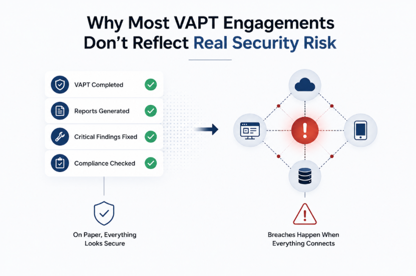 Penetration testing infographic showing gap between completed VAPT checklist and real-world cyber risk caused by interconnected cloud, web, mobile, and network systems