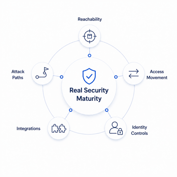 Minimal cybersecurity infographic showing key factors of real security maturity including reachability, access movement, identity controls, integrations, and attack paths after VAPT