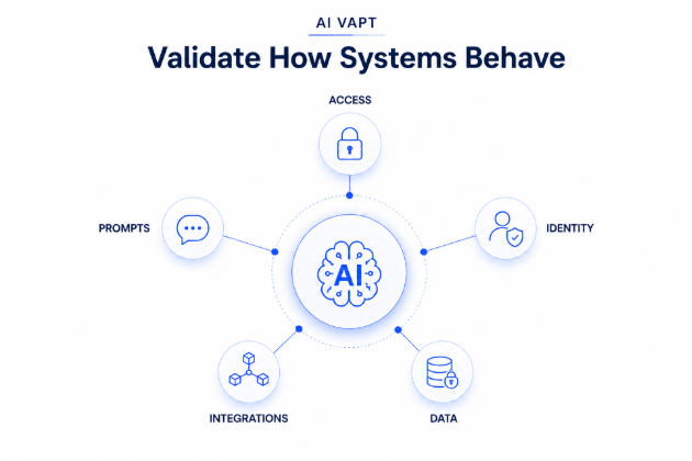 Minimal AI VAPT infographic showing validation of system behavior across access, prompts, identity, integrations, and data in connected environments