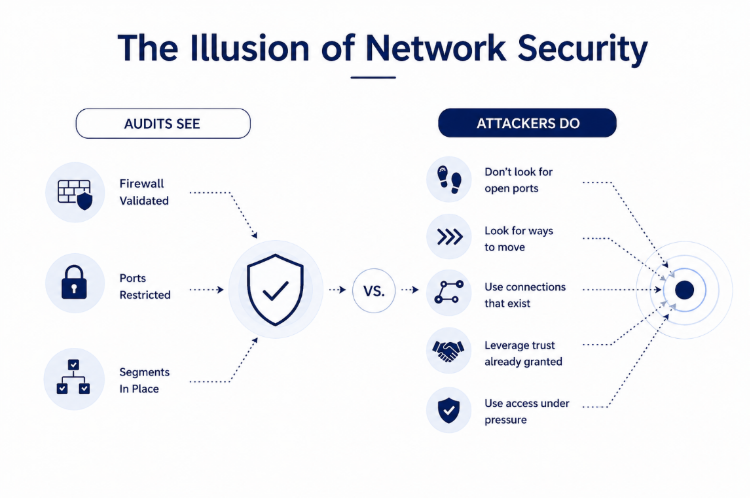 Minimal cybersecurity infographic showing how ISNP audits validate firewall rules and ports while attackers exploit network paths, trust, and connectivity to move across systems.