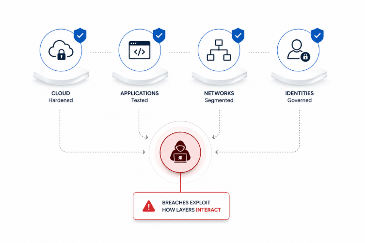 Cybersecurity infographic showing cloud, application, network, and identity layers individually secured but interconnected attack paths exposing system-level risk