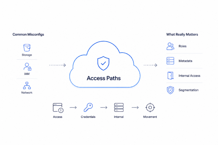 Minimal cloud penetration testing infographic showing access paths risk including IAM roles, metadata exposure, internal access, and segmentation