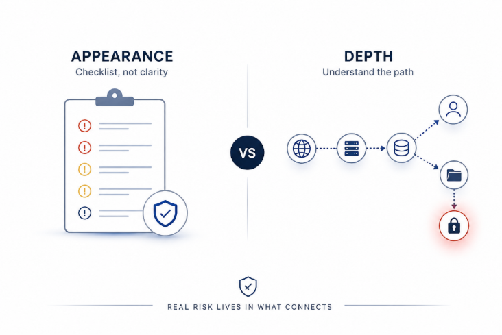 Minimal infographic showing VAPT depth vs appearance with checklist vs attack path visualization on white background in blue theme