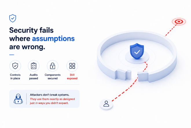 Minimal cybersecurity infographic showing how systems with strong security controls can still be exposed due to incorrect assumptions and hidden attack paths.