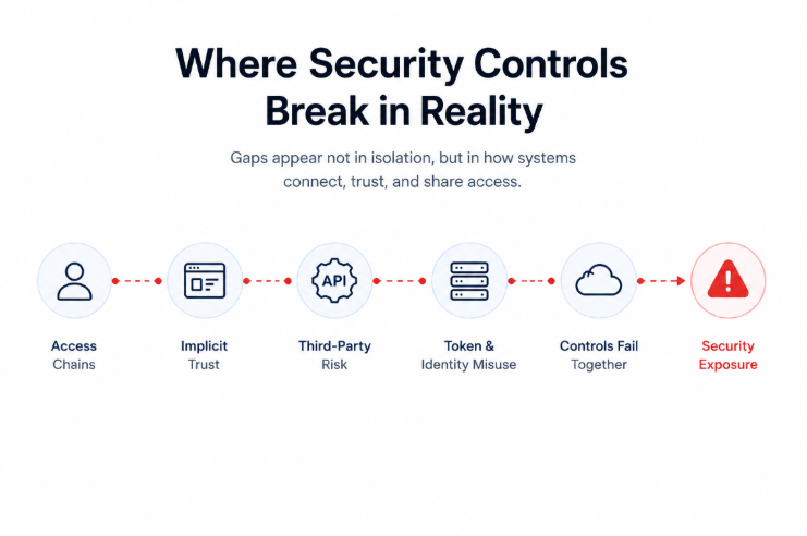 Minimal enterprise security infographic showing how access flows across systems lead to security exposure despite layered controls.