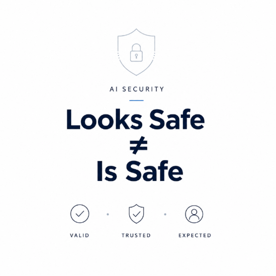 Minimal cybersecurity infographic with the message “Looks Safe ≠ Is Safe,” illustrating how valid, trusted, and expected system behaviors can still lead to hidden security risks and exposure.