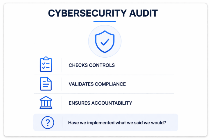 Minimal cybersecurity audit infographic showing controls validation, compliance checks, and accountability on white background