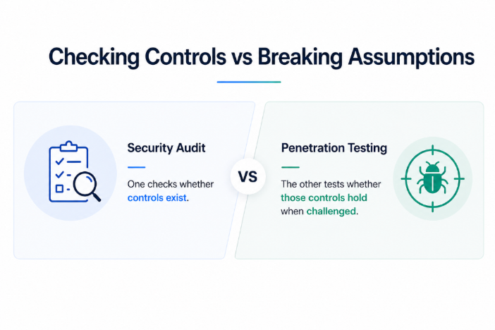 Infographic showing the difference between security audits and penetration testing highlighting control validation vs real-world attack testing
