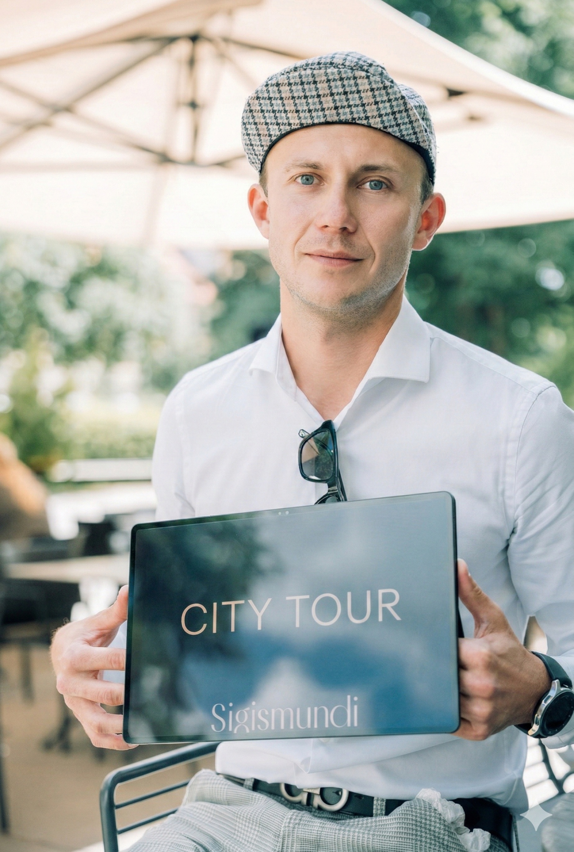 Janez Skubic, founder of Sigismundi Luxury Adventures holdin a sign for the City Tour in a luxury outdoor setting.