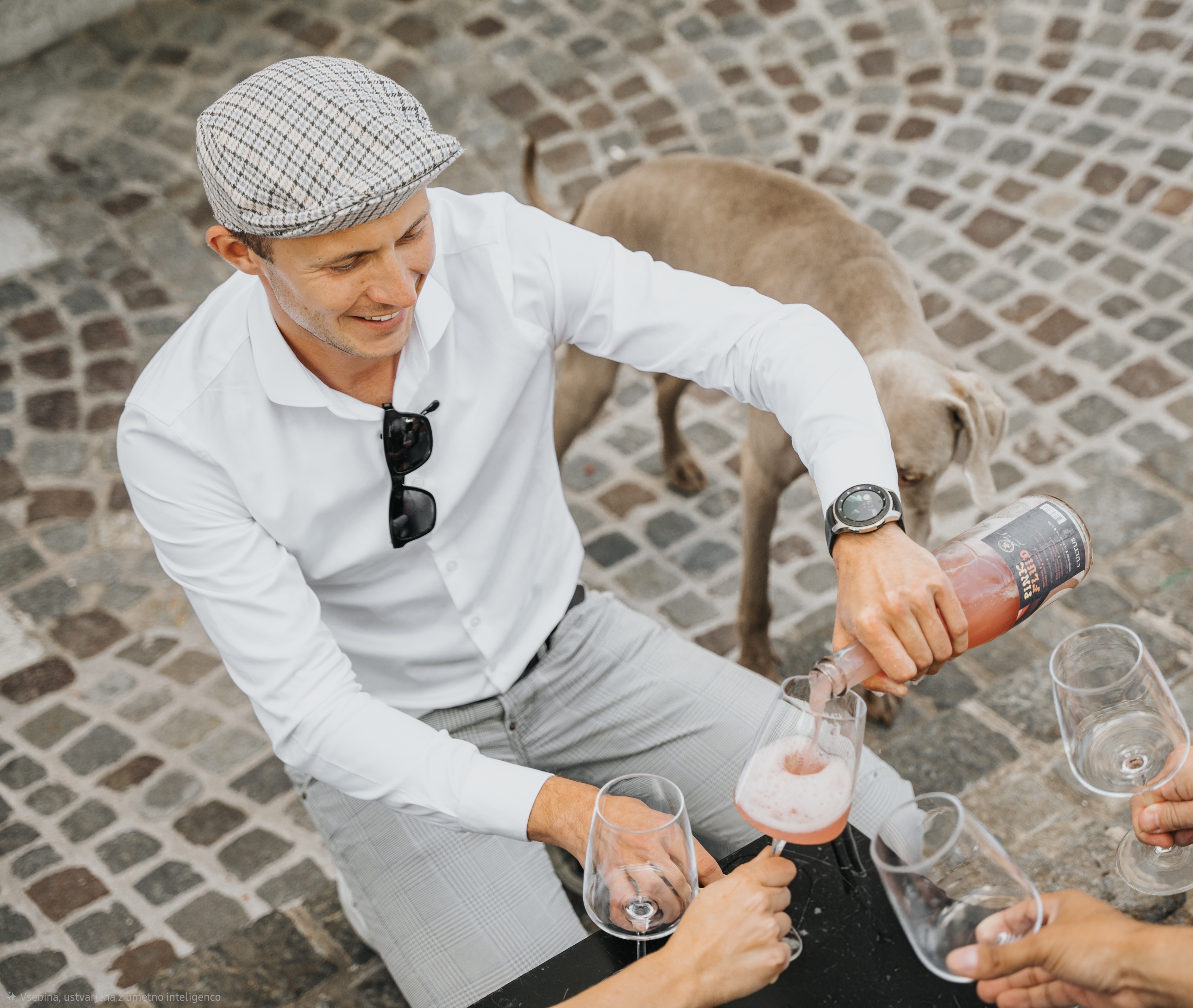 Janez Skubic wearing a white shirt and flat cap pouring rosé wine into a glass outdoors on a paved street with a dog nearby.
