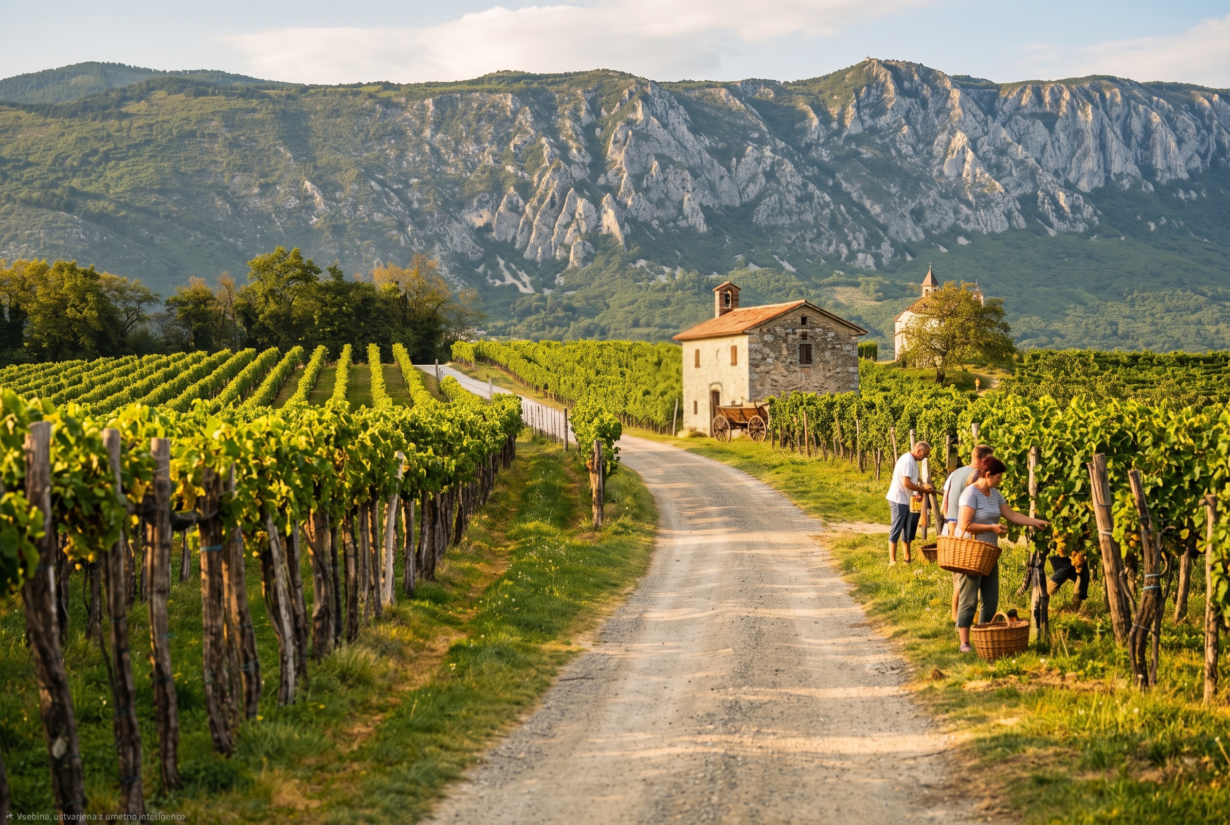 ineyard in Slovenia with people hand-harvesting grapes next to a dirt road, with a historic stone house and rugged mountains in the background.