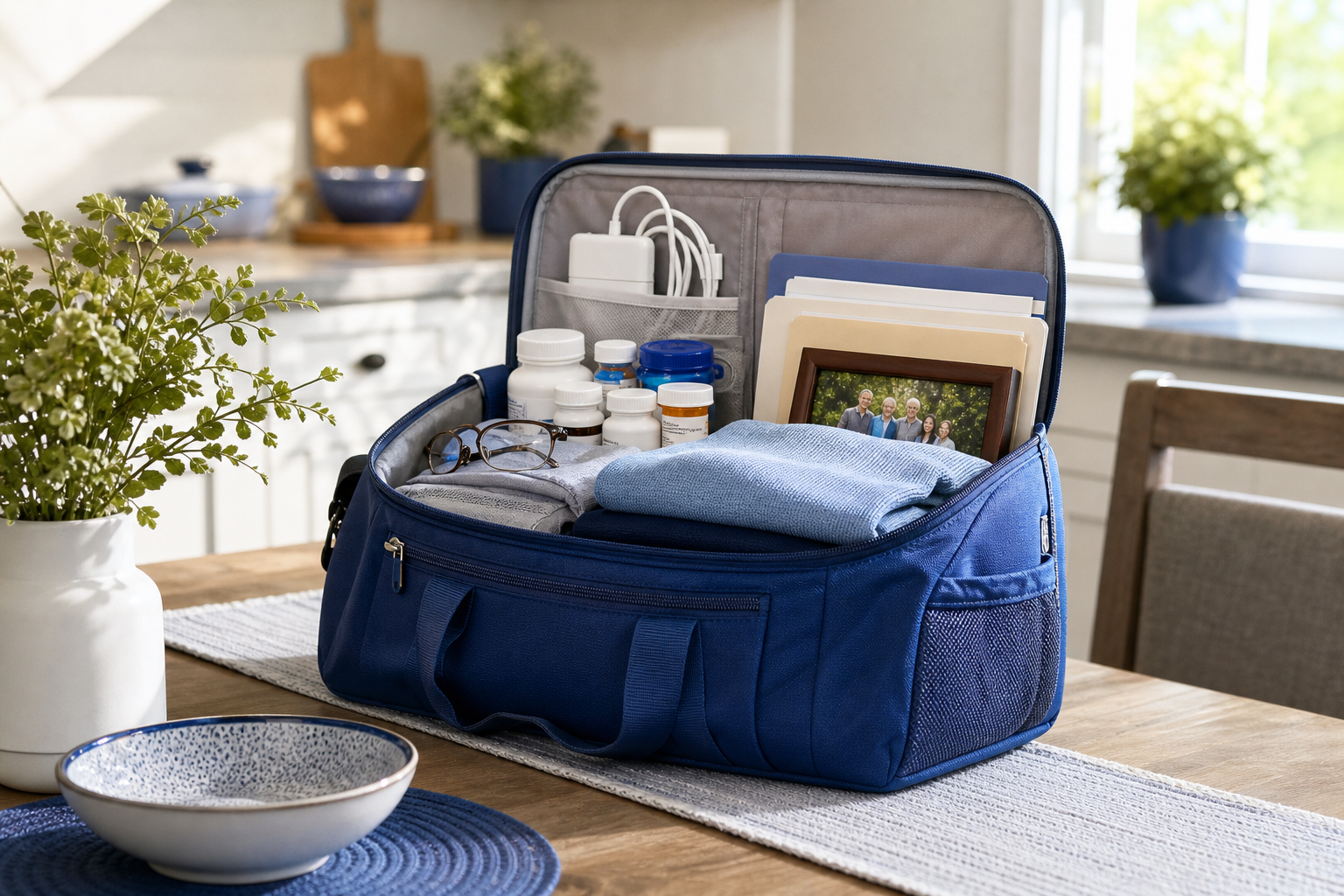 Neatly packed senior moving essentials bag on a kitchen table with medication bottles, glasses, charger, folded clothes, documents, and a family photo