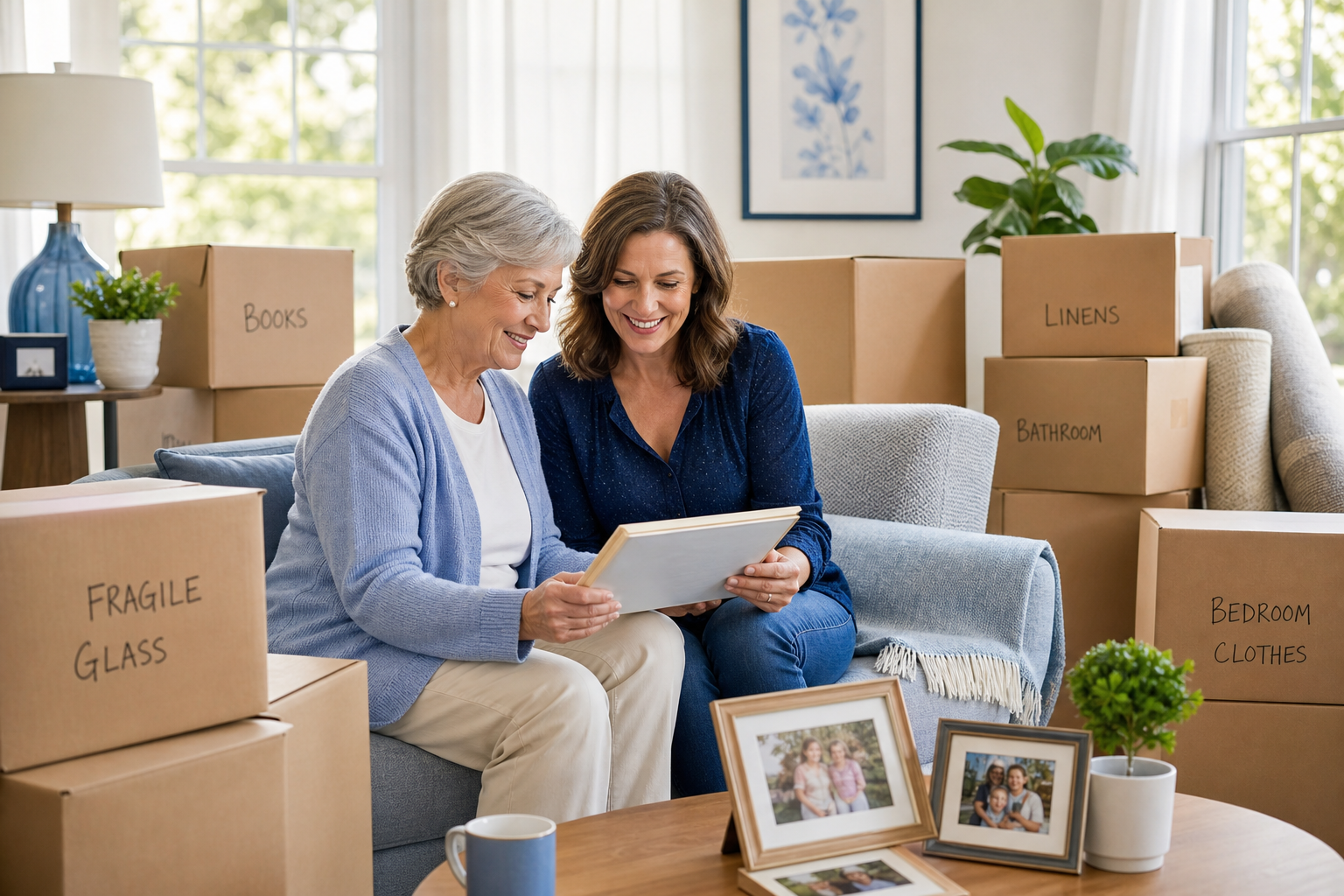 Older adult and family member review a moving plan beside packed boxes, a chair, and framed family photos in a sunlit home