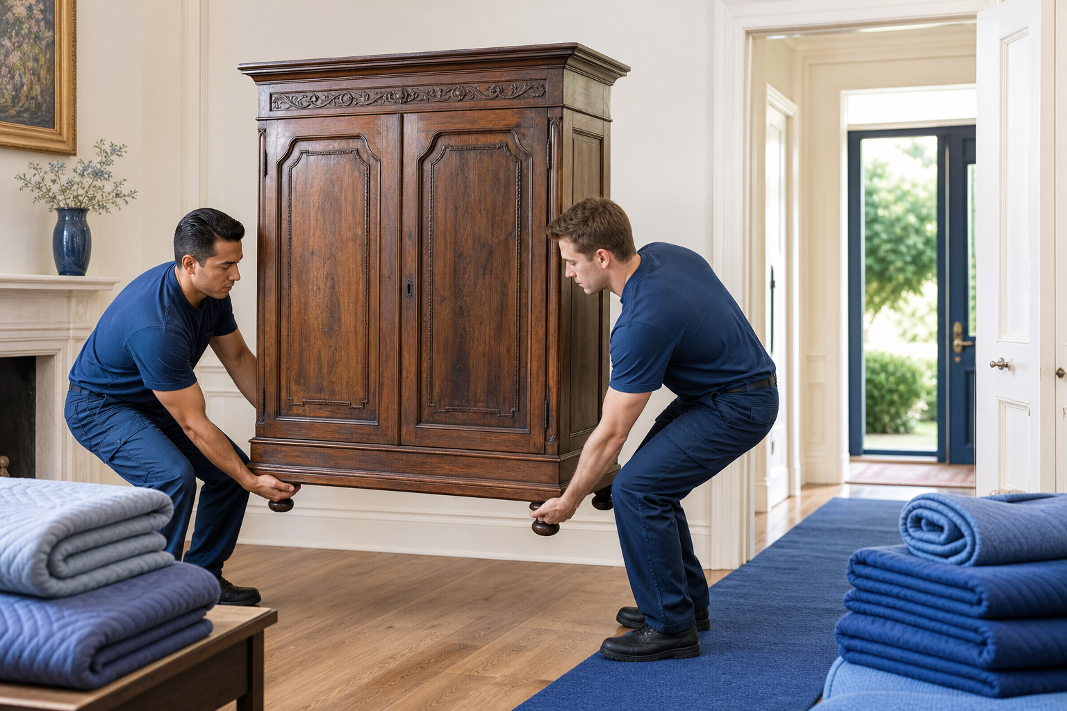 Two movers carefully lift an antique wooden cabinet from its lower supports, with padding nearby and a clear path to the doorway.