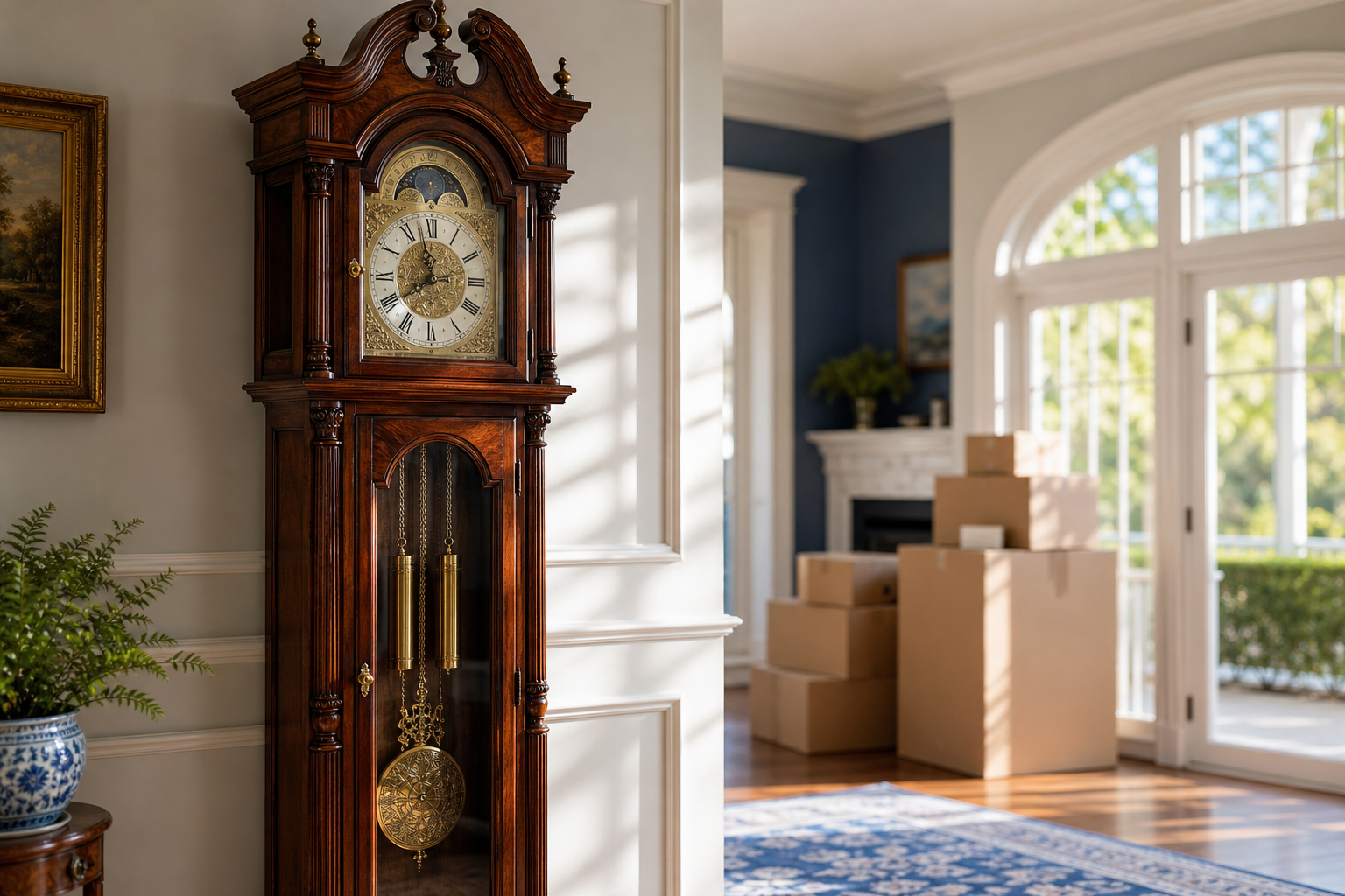 An antique wooden chair wrapped in protective moving blankets, ready for careful transport in a sunlit home.