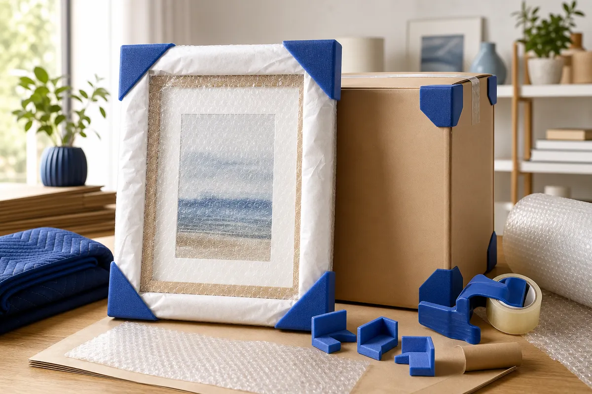 Wrapped picture frame standing beside a moving box with packing supplies, showing safe packing for a move