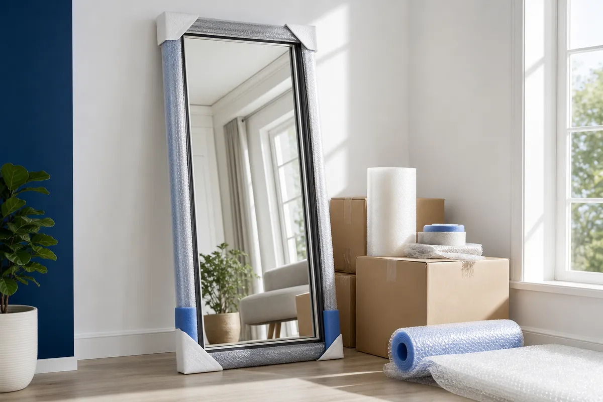 A large framed mirror stands upright beside packed moving boxes, wrapped with corner protectors and cushioning for safe moving.